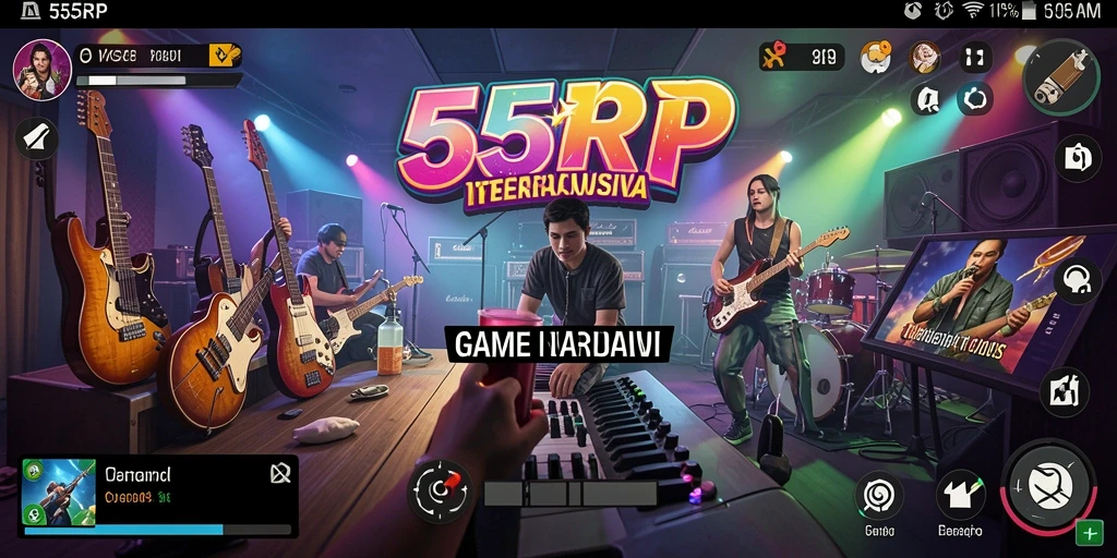 Screenshot 55RP menunjukkan gameplay interaktif dan berbagai pilihan lagu.
