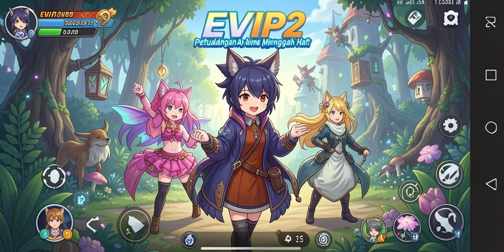 Screenshot utama EVIP2 menampilkan pertarungan karakter Anime yang epik.