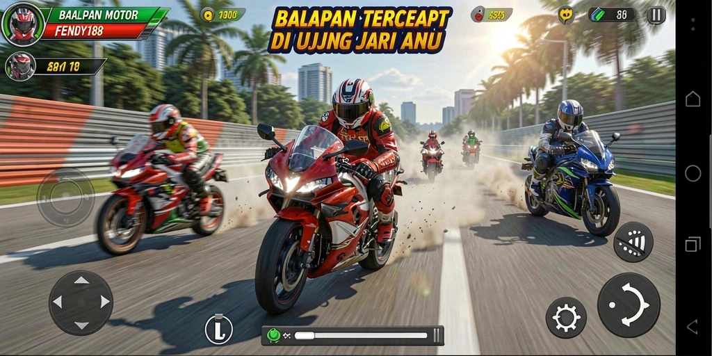 Screenshot utama FENDY188 menampilkan motor balap melaju kencang di trek.