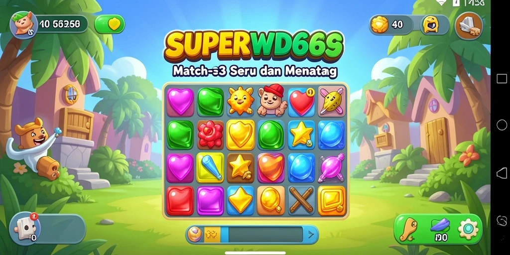 Tangkapan layar utama dari gameplay SUPERWD666 yang menampilkan aksi Match-3 yang seru.