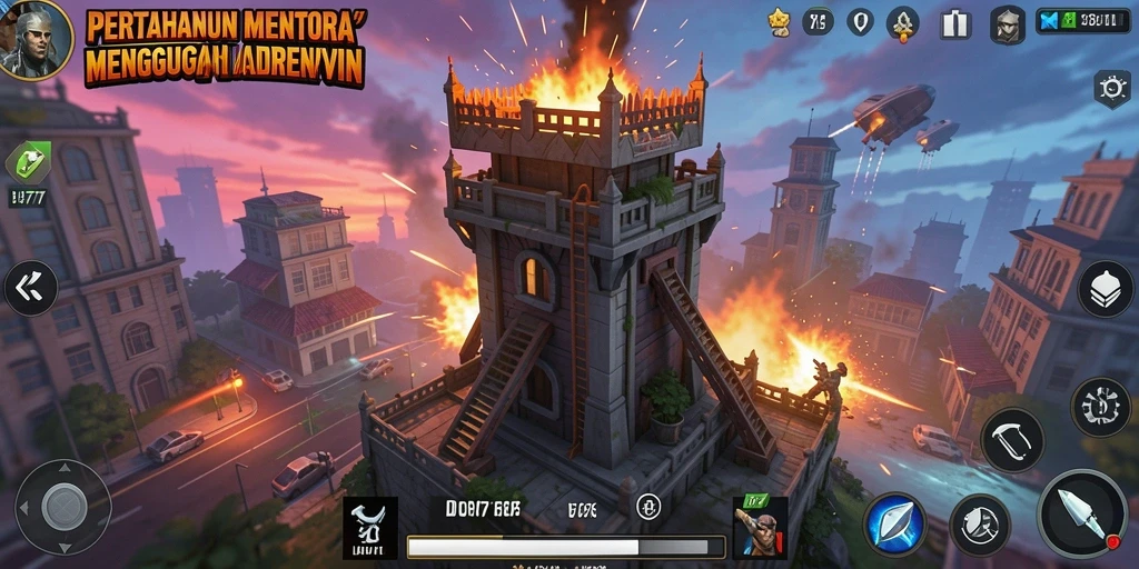 Tampilan gameplay UH77 dengan pertahanan menara yang strategis.