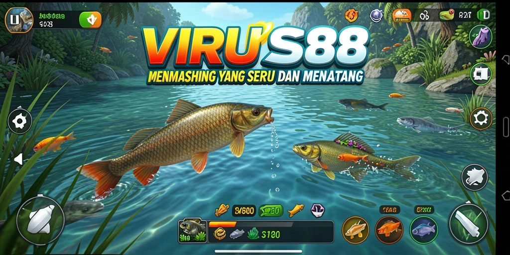 Screenshot gameplay VIRUS88 menampilkan aksi seru saat memancing ikan besar.